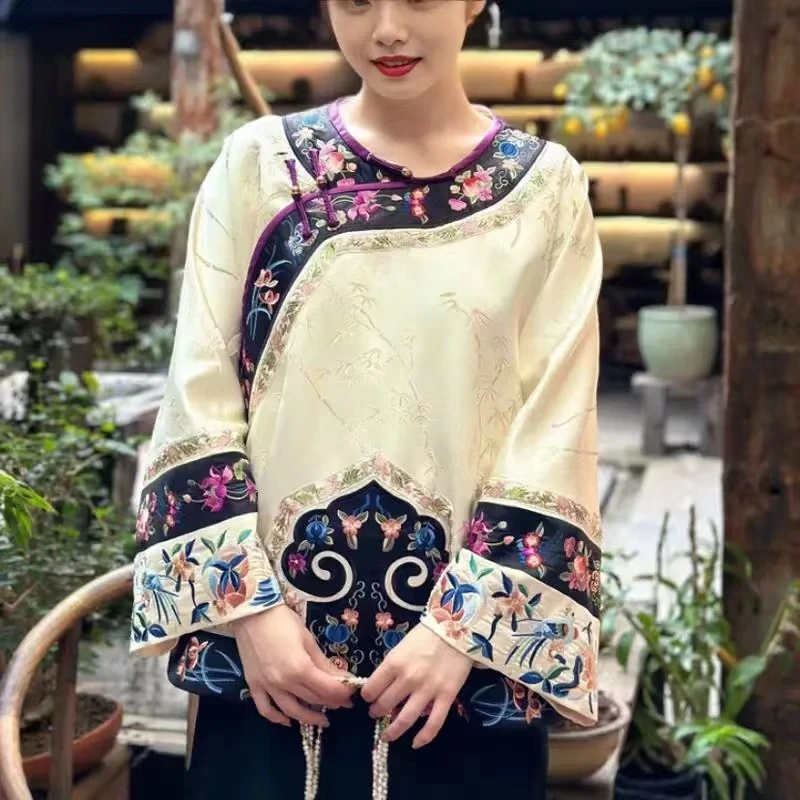 【轻黛竹韵】新中式国风斜襟盘扣重工刺绣上衣手工绣提花外套女圆领