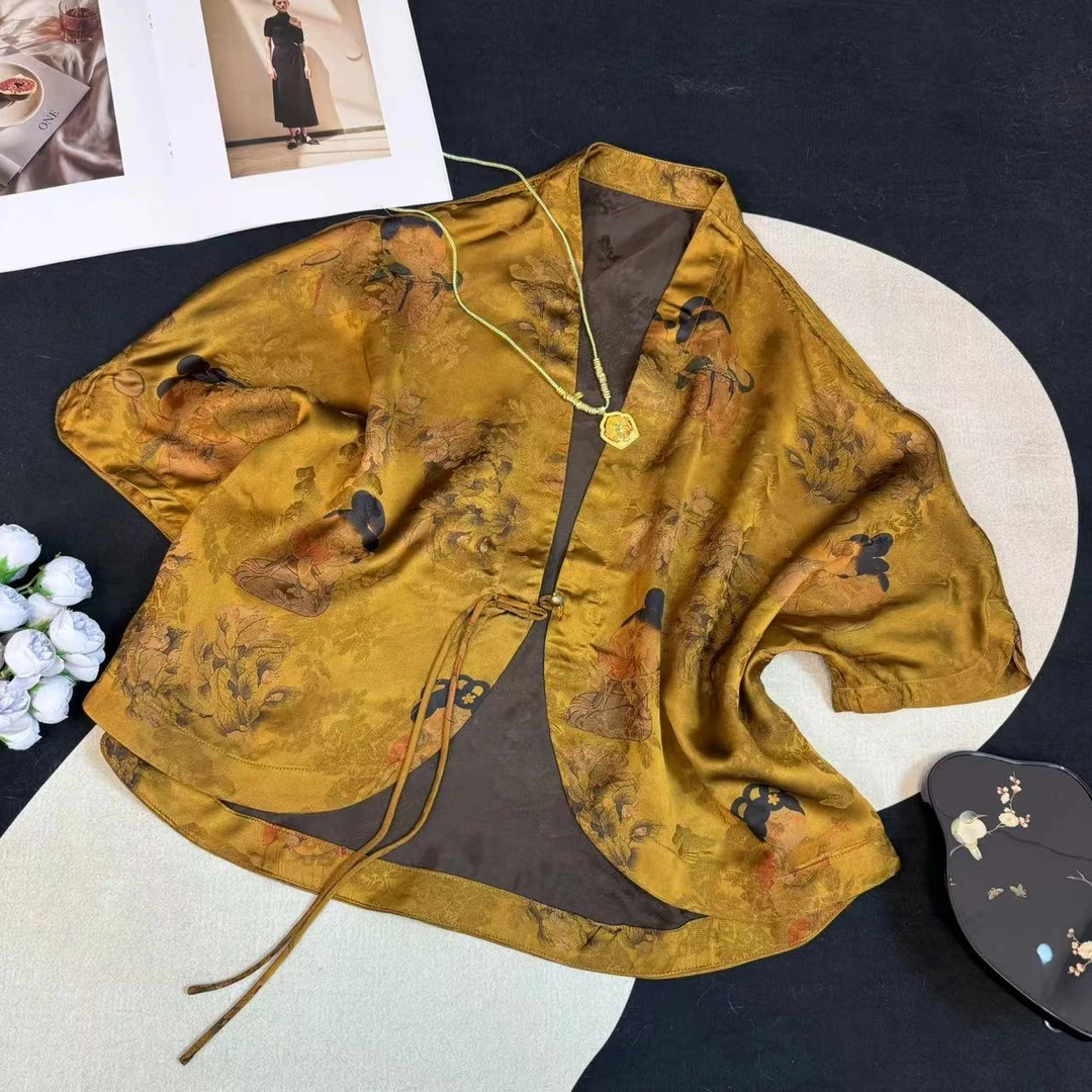 新款高端复古宽松香云上衣纱夏季小衫双面花萝蚕丝新中式提花衬衫