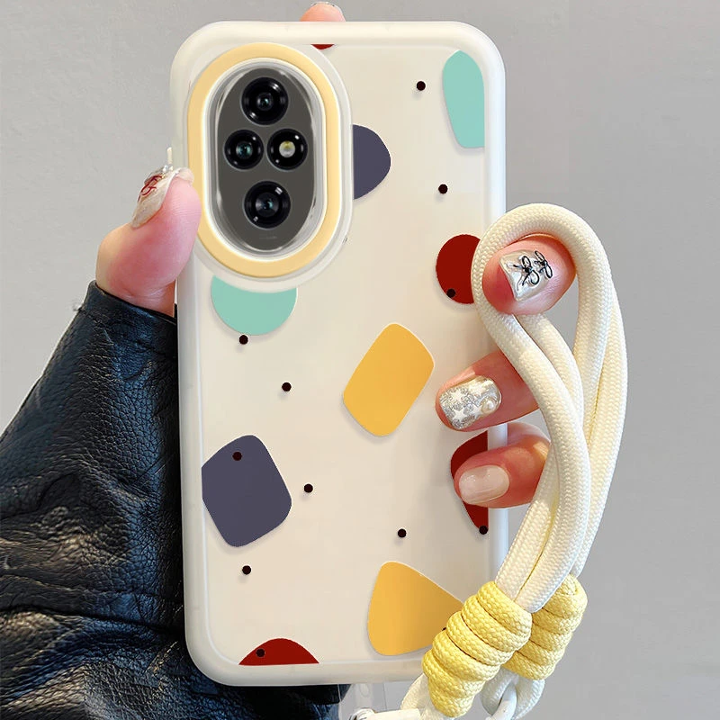 简约小色块荣耀200手机壳卡通可爱带挂链honor200pro情侣款小众