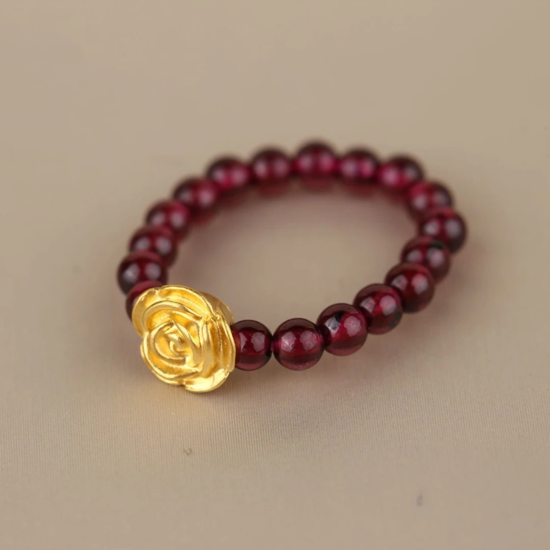 足金999玫瑰花编石 榴 石戒指@@A103