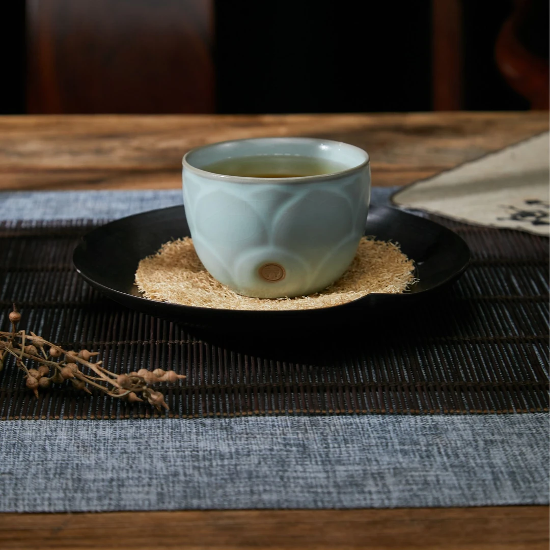 东道汝窑陶瓷汝粉杯茶杯茶具家用天青色线条流畅温润饱满养开片