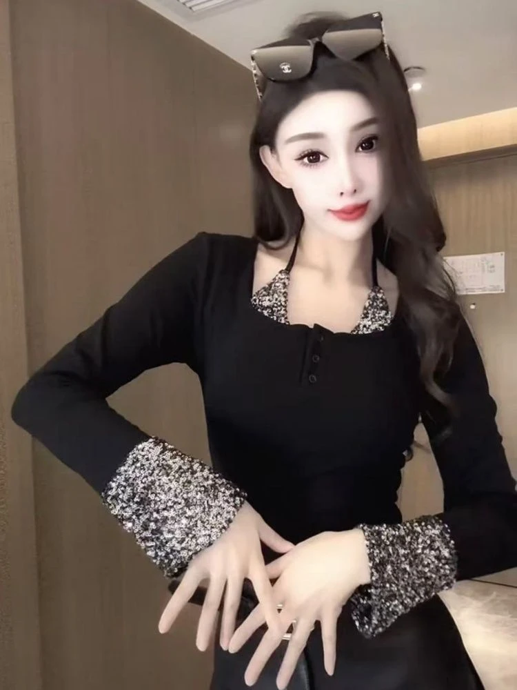 纯欲2024辣妹亮片拼接T恤重工法式显瘦两件长袖打底上衣修身