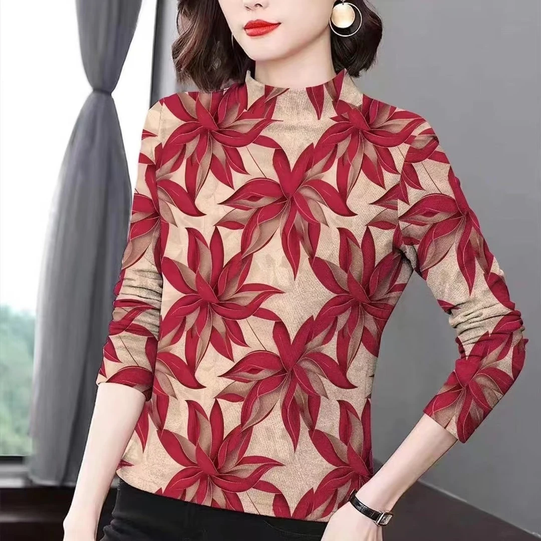 秋季新款时尚印花小衫长袖百搭半高领妈妈上衣女装春秋妈妈装春秋