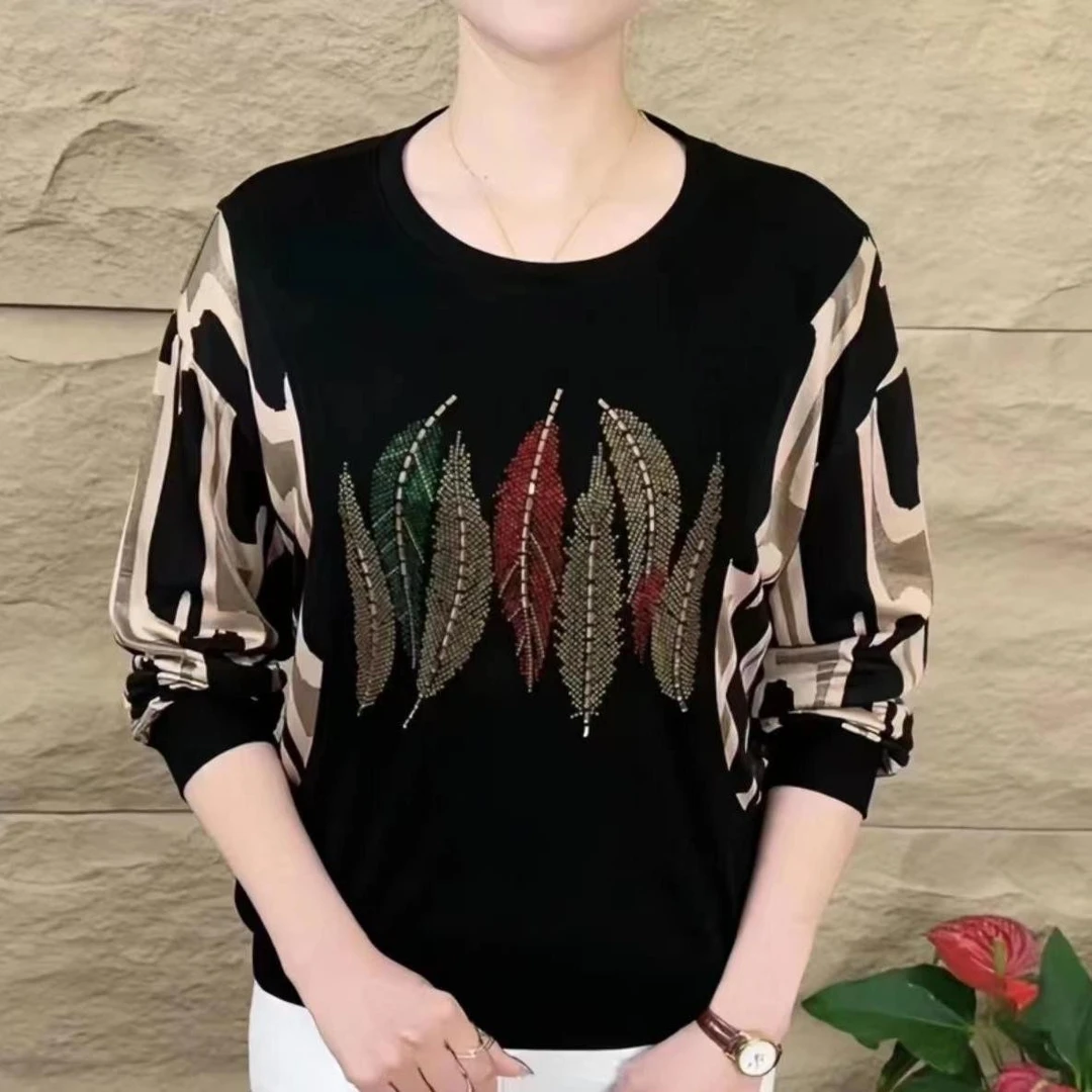 2025春秋新款长袖T恤圆领时尚洋气打底上衣宽松百搭拼接烫钻印花