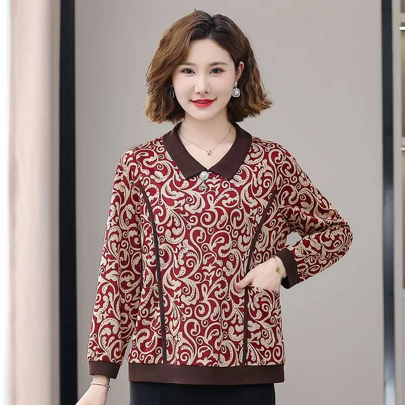 秋季新款妈妈女装T恤印花小衫上衣宽松加肥大码长袖显瘦中老年