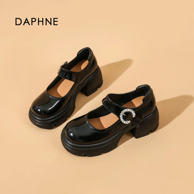 Daphne/达芙妮玛丽珍女2024春夏新款甜美粗跟小皮鞋水钻圆头女鞋