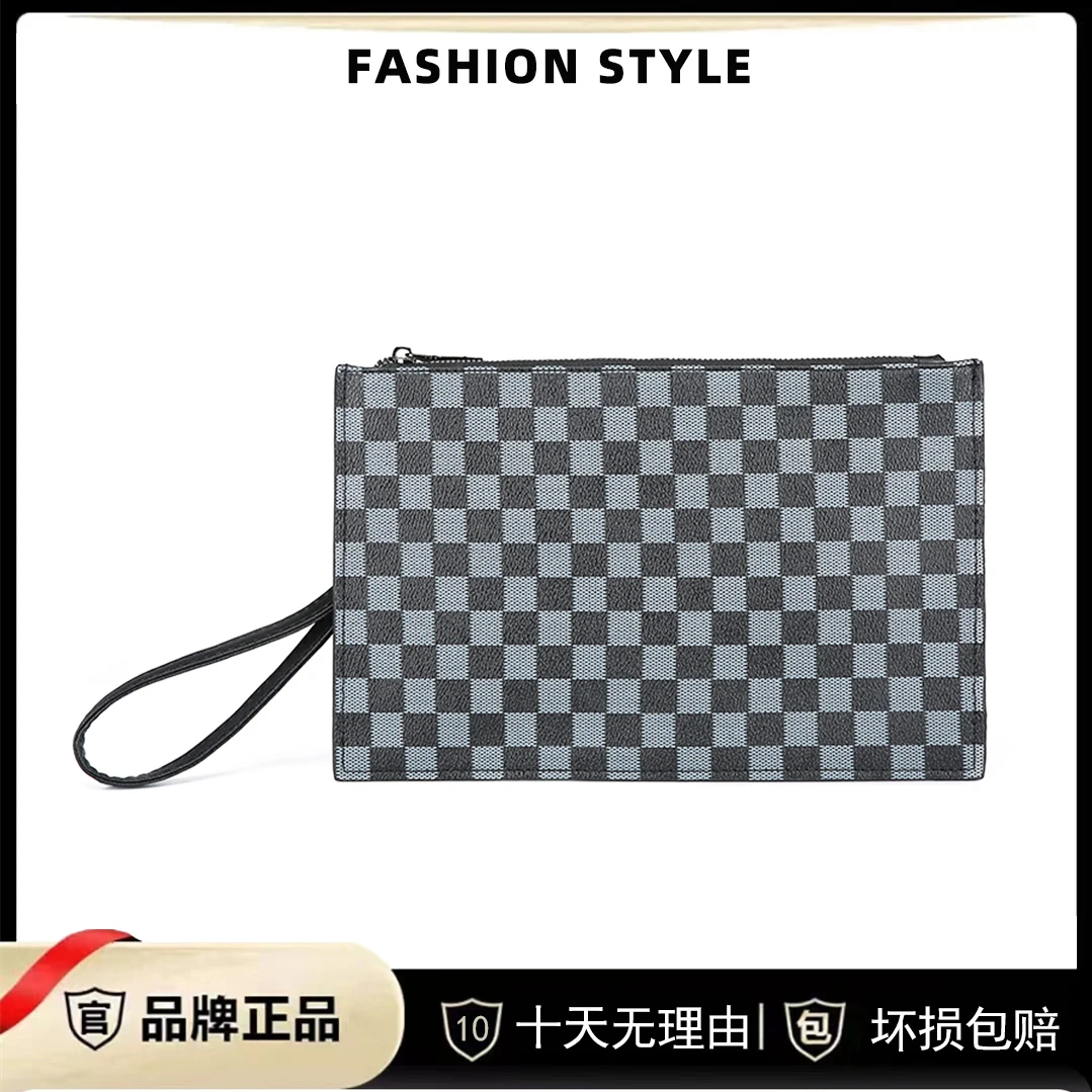 男士商务棋盘格简约休闲手拿包时尚小众品牌潮流手抓包印花