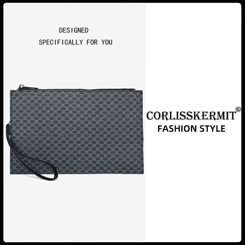 男士商务棋盘格简约休闲手拿包pu革时尚小众品牌手包手抓包