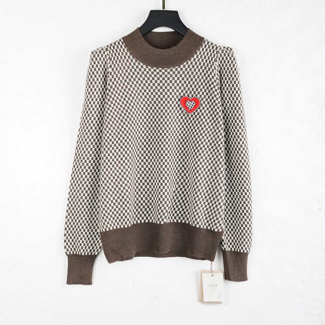 【秋季新款】 C7643咖色小香风复古拼色格子设计感气质套头针织衫