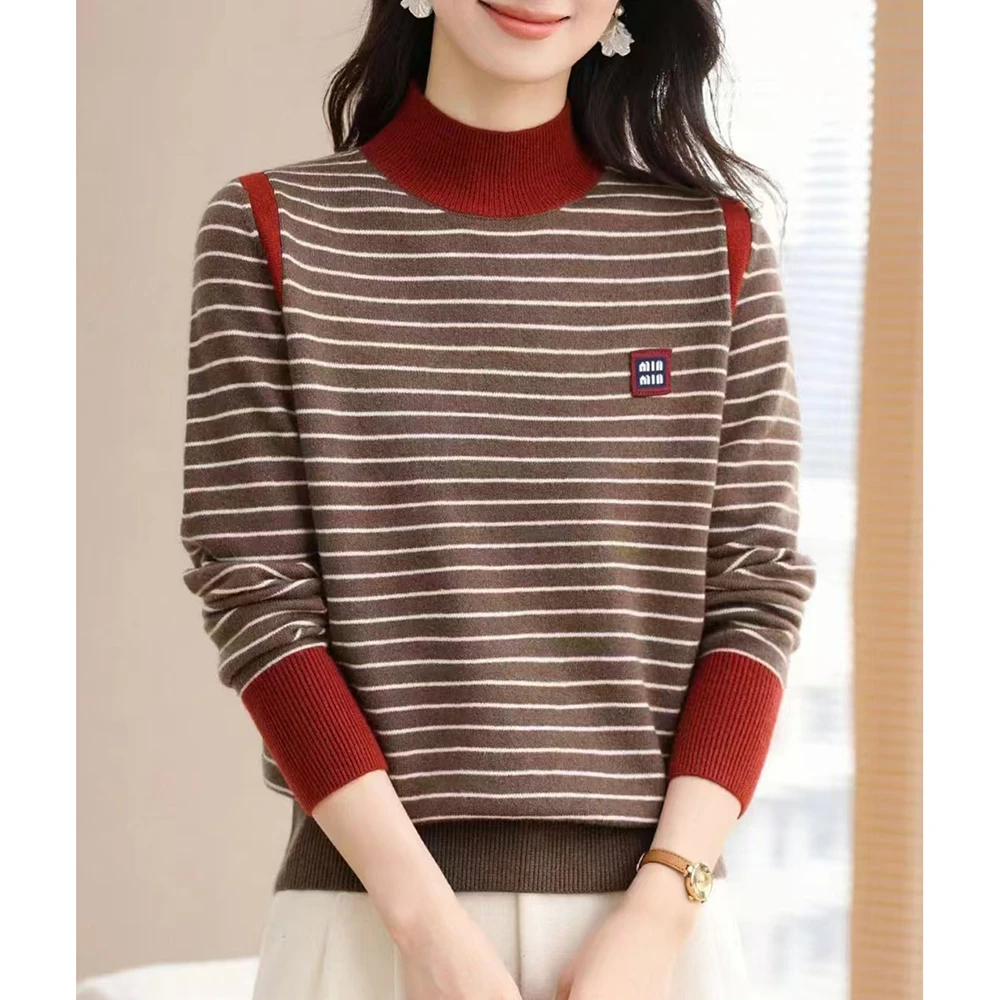 【冬季新款】韩系冬季经典百搭横条纹拼色套头毛衫BQ5186  衣长66