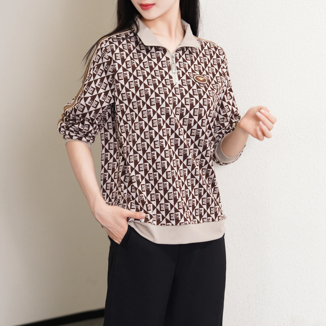 【秋冬新款】秋季设计款咖色休闲拉链翻领印花小衫BQ4229 衣长63cm