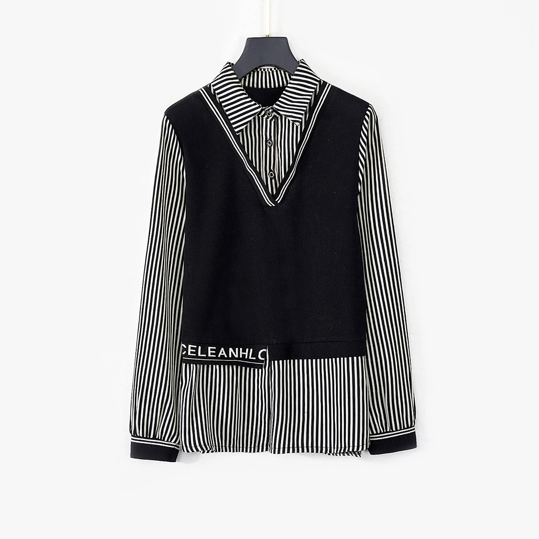 【秋冬新款】条纹上衣女2024拼接假两件衬衫DH1698衣长62