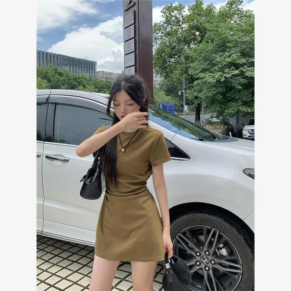 韩版chic甜辣气质圆领褶皱包臀连衣裙过膝休闲收腰显瘦纯色A字裙