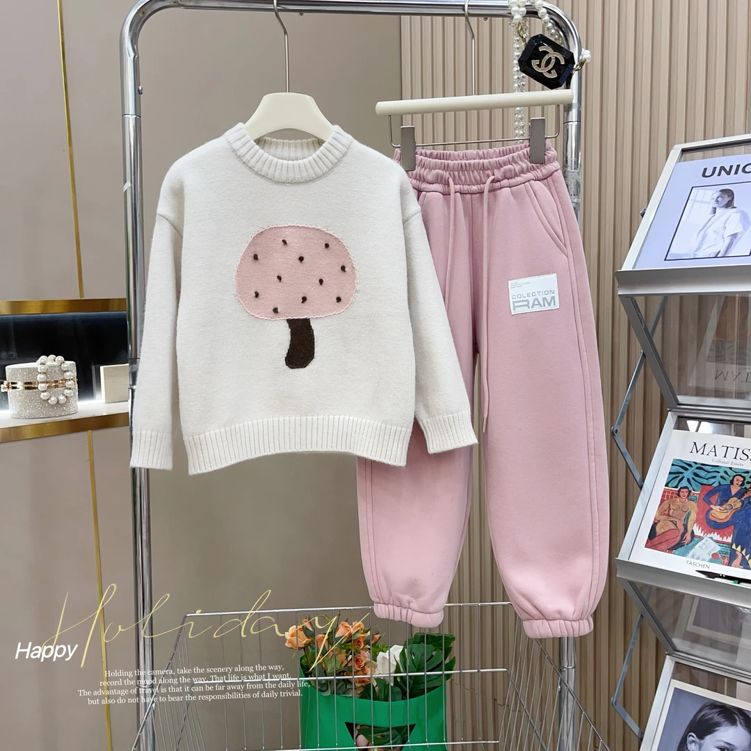 女童2023秋冬新款加厚洋气毛衣+一体绒休闲百搭卫裤两件套-8250