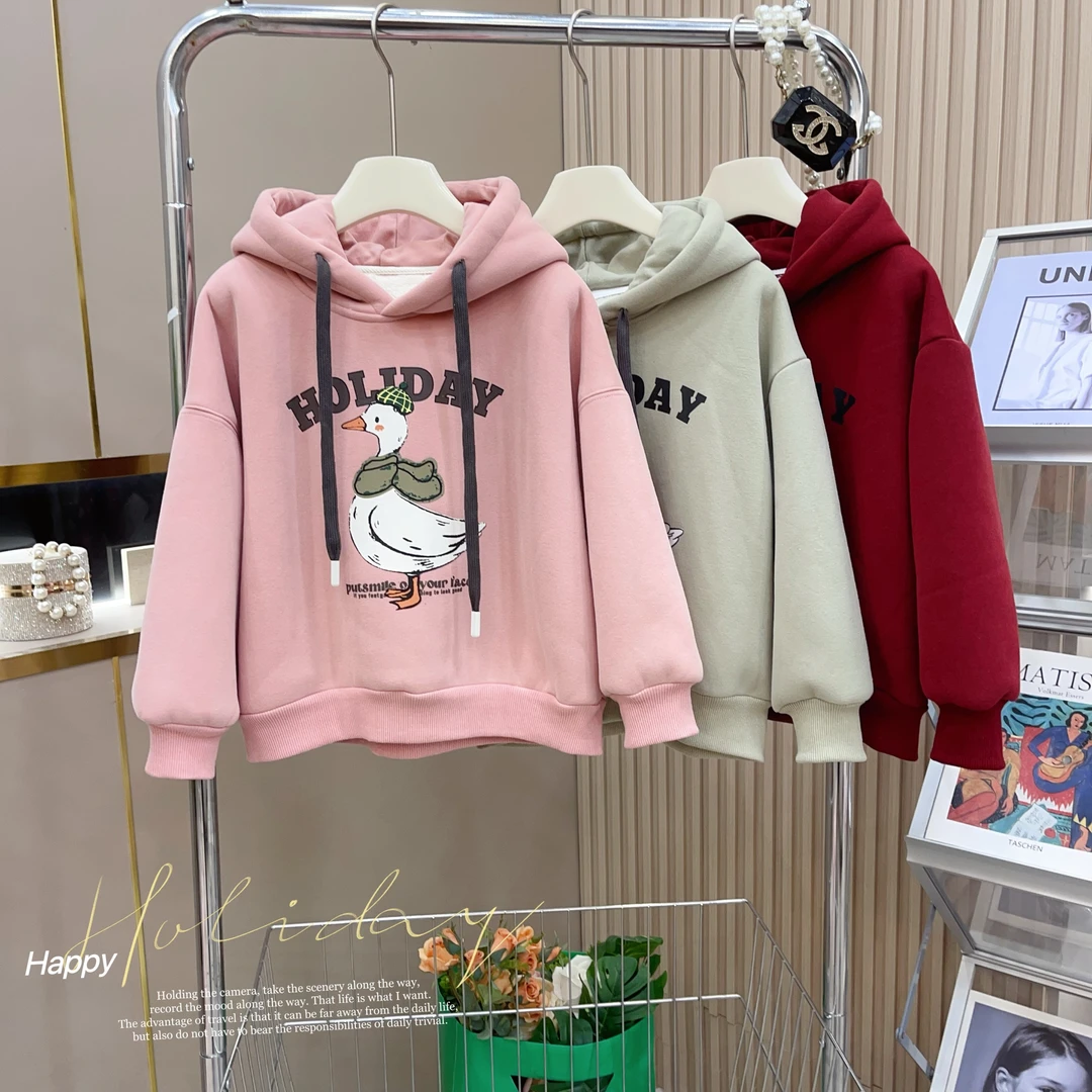 女童2023秋冬新款加绒加厚连帽休闲卫衣小学生一体绒上衣-8238