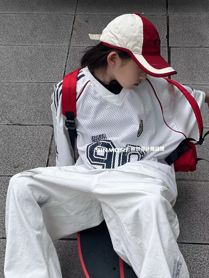 SINMOR美式网面徽章式宽松球衣短袖亲子