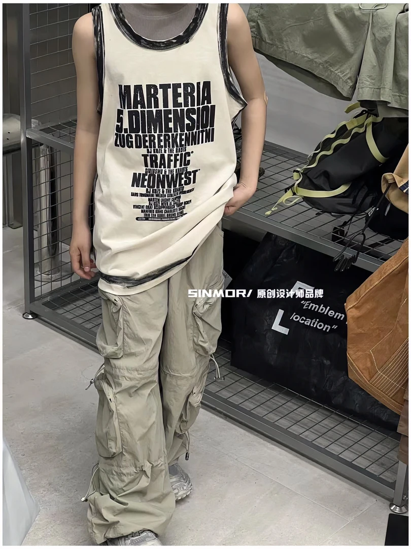 SINMOR亲子美式复古字母印花手绘刷漆背心街头夏季百搭个性无袖