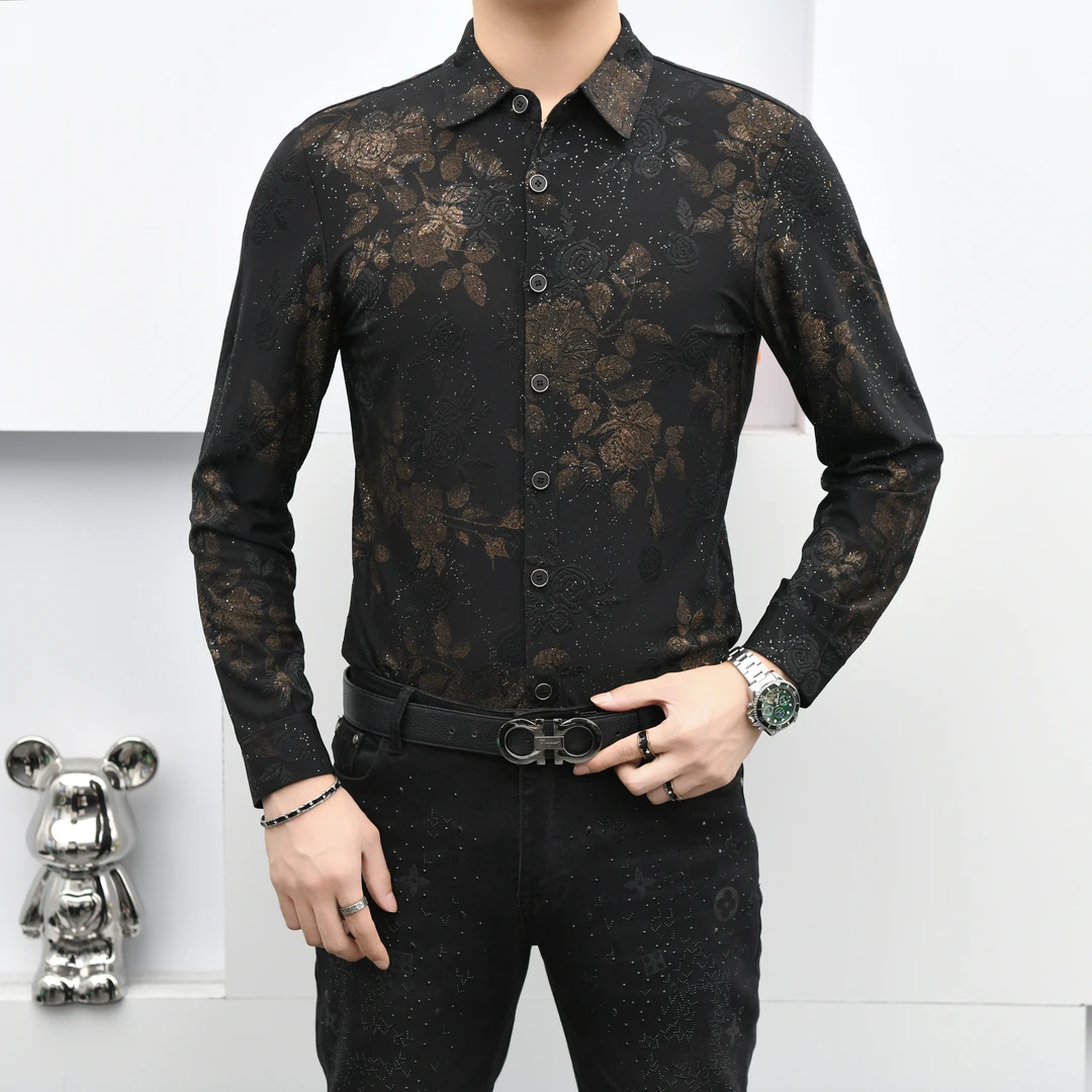 欧货长袖翻领衬衫上衣休闲男士秋款时尚大气秋百搭潮流轻奢修身