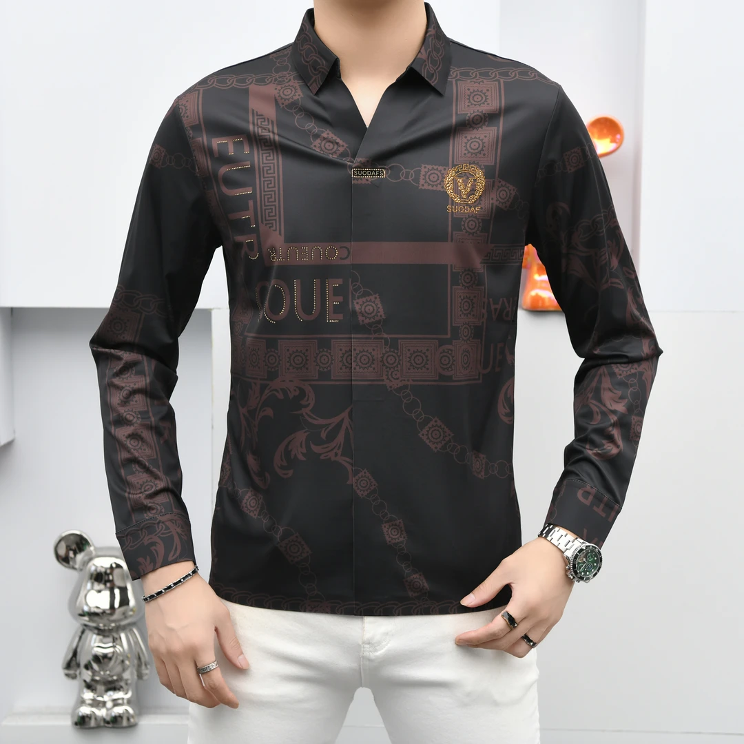 欧轻奢优选欧货-胸标休闲百搭秋冬烫钻翻领欧美男士时尚衬衫