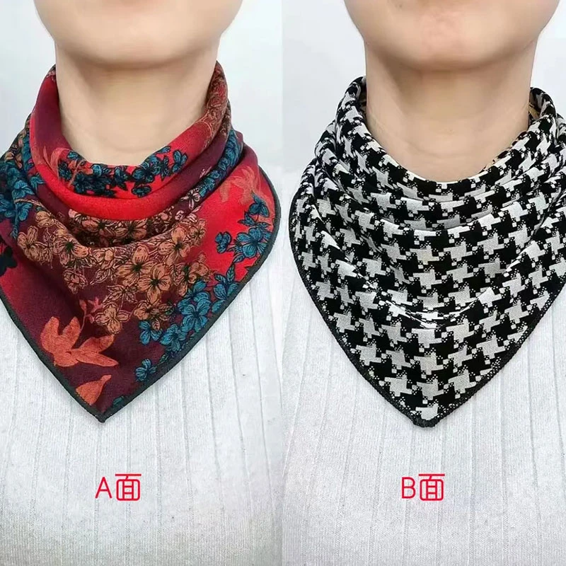 新款双面双花双排扣三角巾升级版护颈保暖三角巾围巾（送胸针）