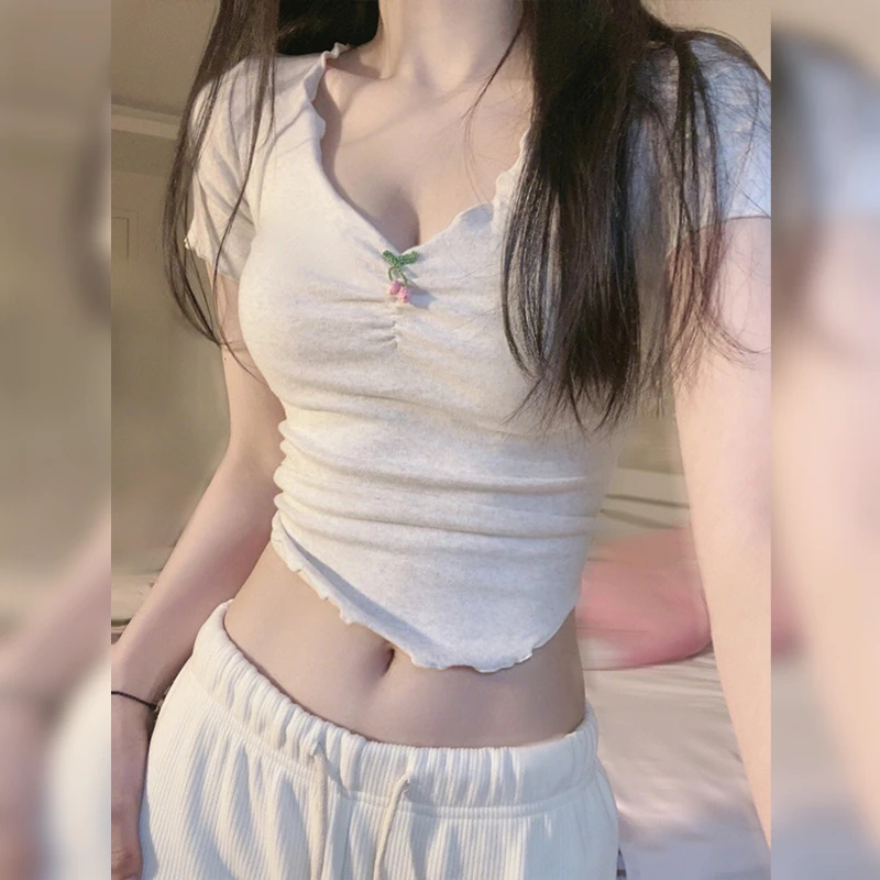 纯欲风棉质短袖T恤女V领设计感夏季百搭微胖辣妹紧身显瘦短款上衣