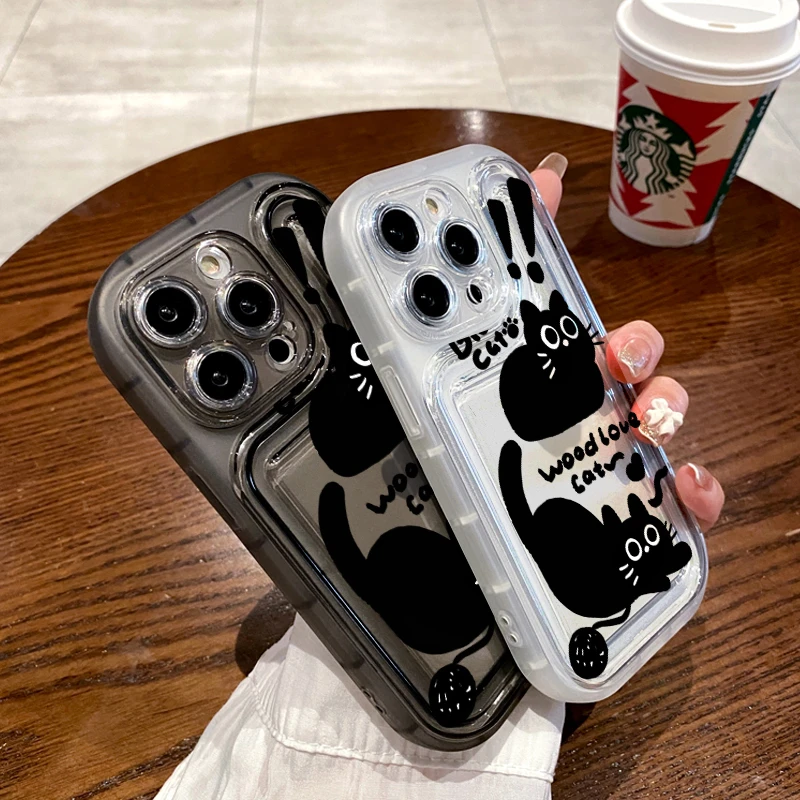 可爱黑猫适用苹果15手机壳加厚气囊iphone14promax全包12硅胶13