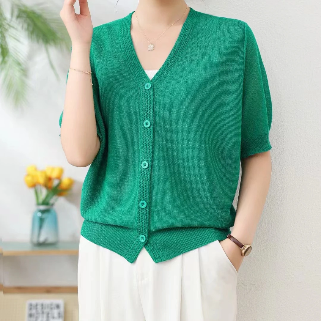 新款9670闪光冰丝2024短袖针织小开衫春夏气质时尚百搭薄款