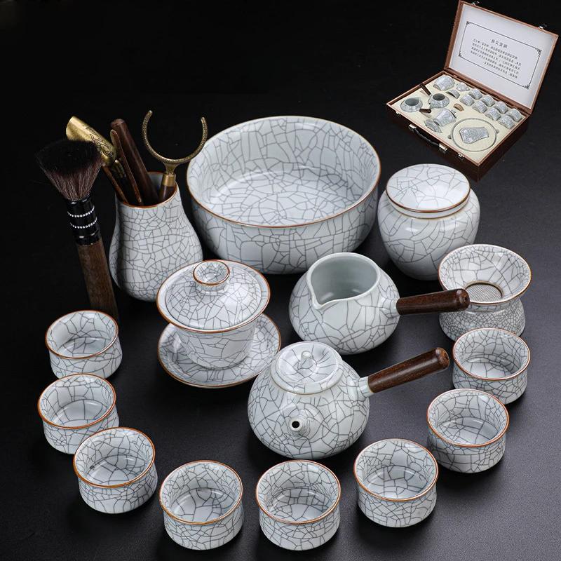 六晋汝窑功夫茶具套装高端全套家用可开片泡茶器陶瓷侧把壶公道杯