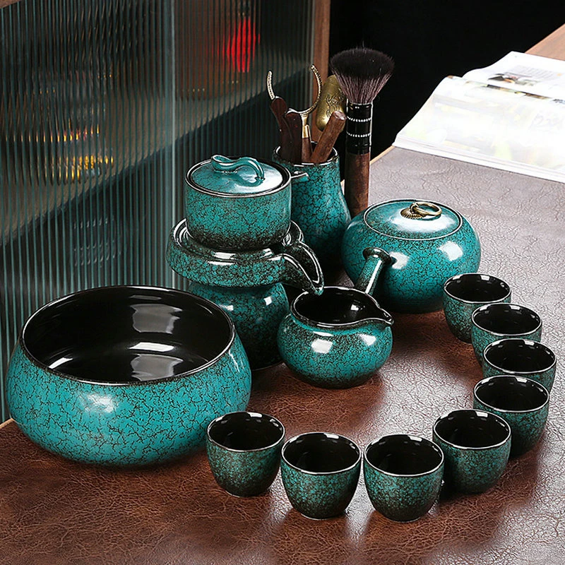 六晋松石绿懒人石磨自动茶具功夫茶具套装家用陶瓷茶壶整套泡茶器