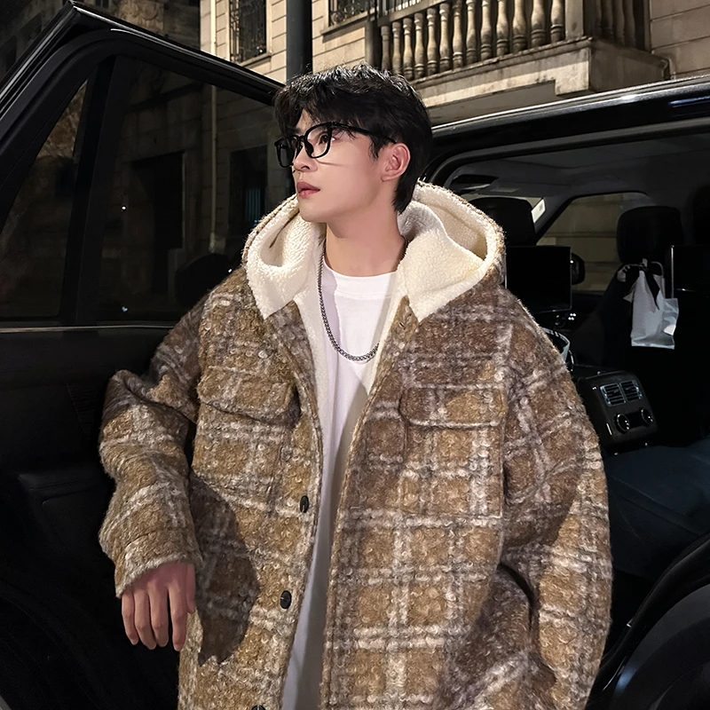 羊羔毛棉服男冬季加绒加厚棉衣美式复古连帽棉袄条纹格子毛呢外套