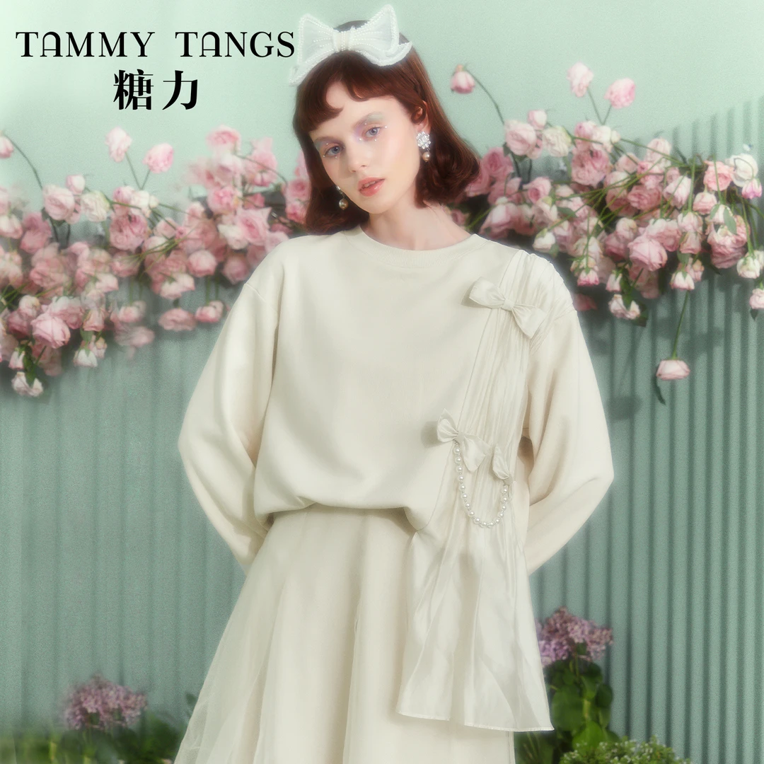 【辛祺专享】糖力新款设计感蝴蝶结珍珠链装饰卫衣上衣女