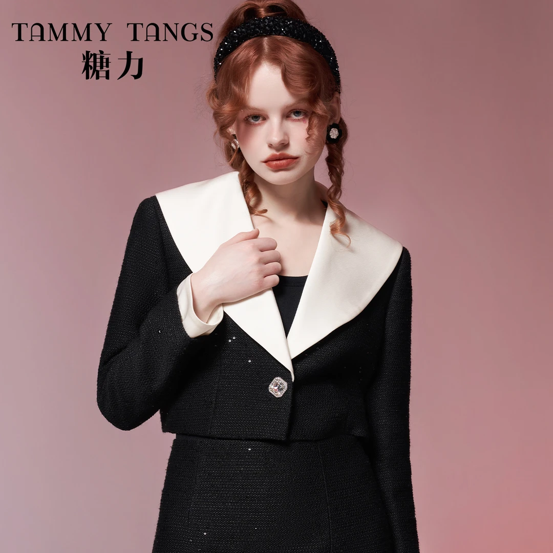 【官号专属】糖力财阀千金撞色翻领亮片粗花呢小香风短外套女秋