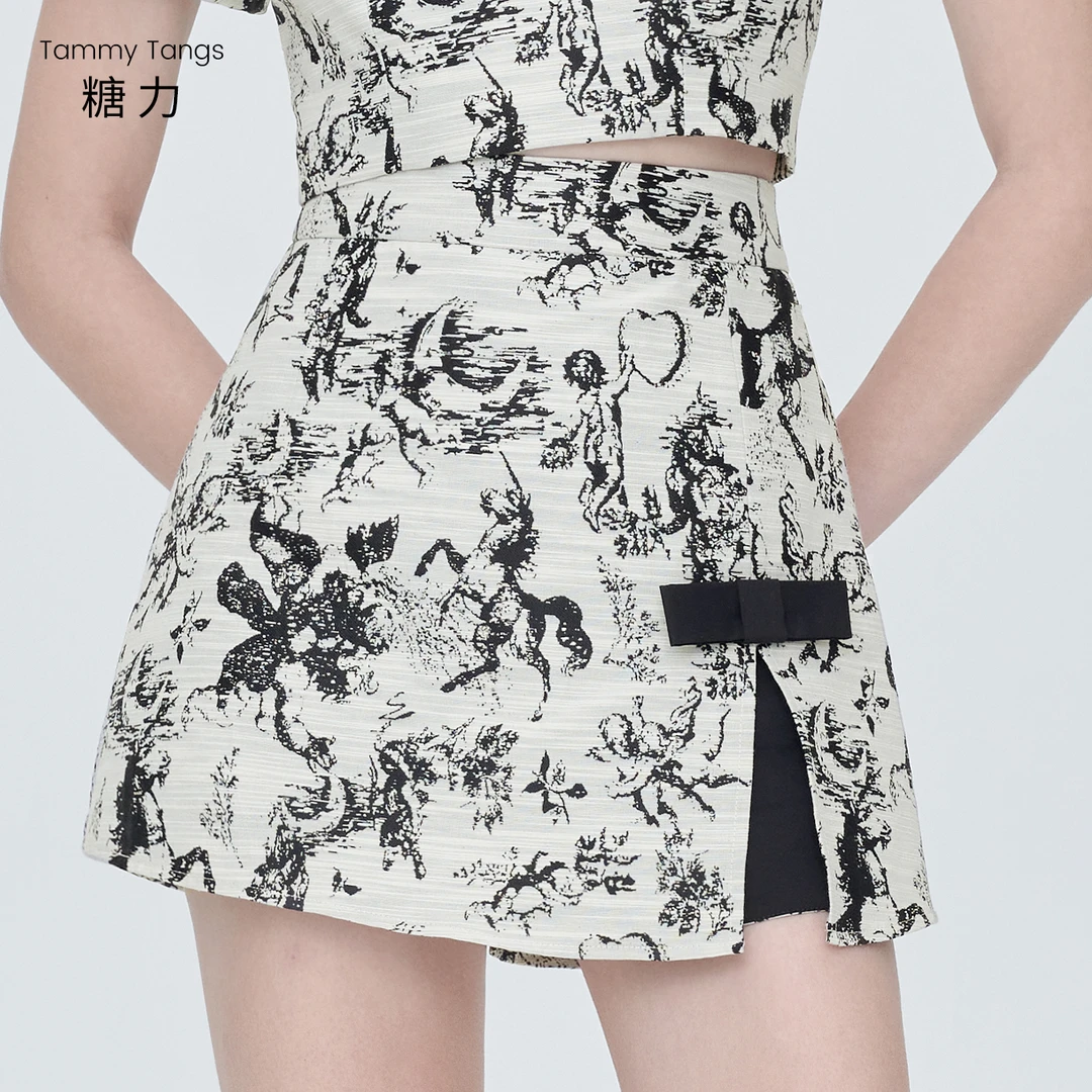【老板娘夏天】糖力 国风水墨印花裙裤 提花高腰A字短裤女夏季