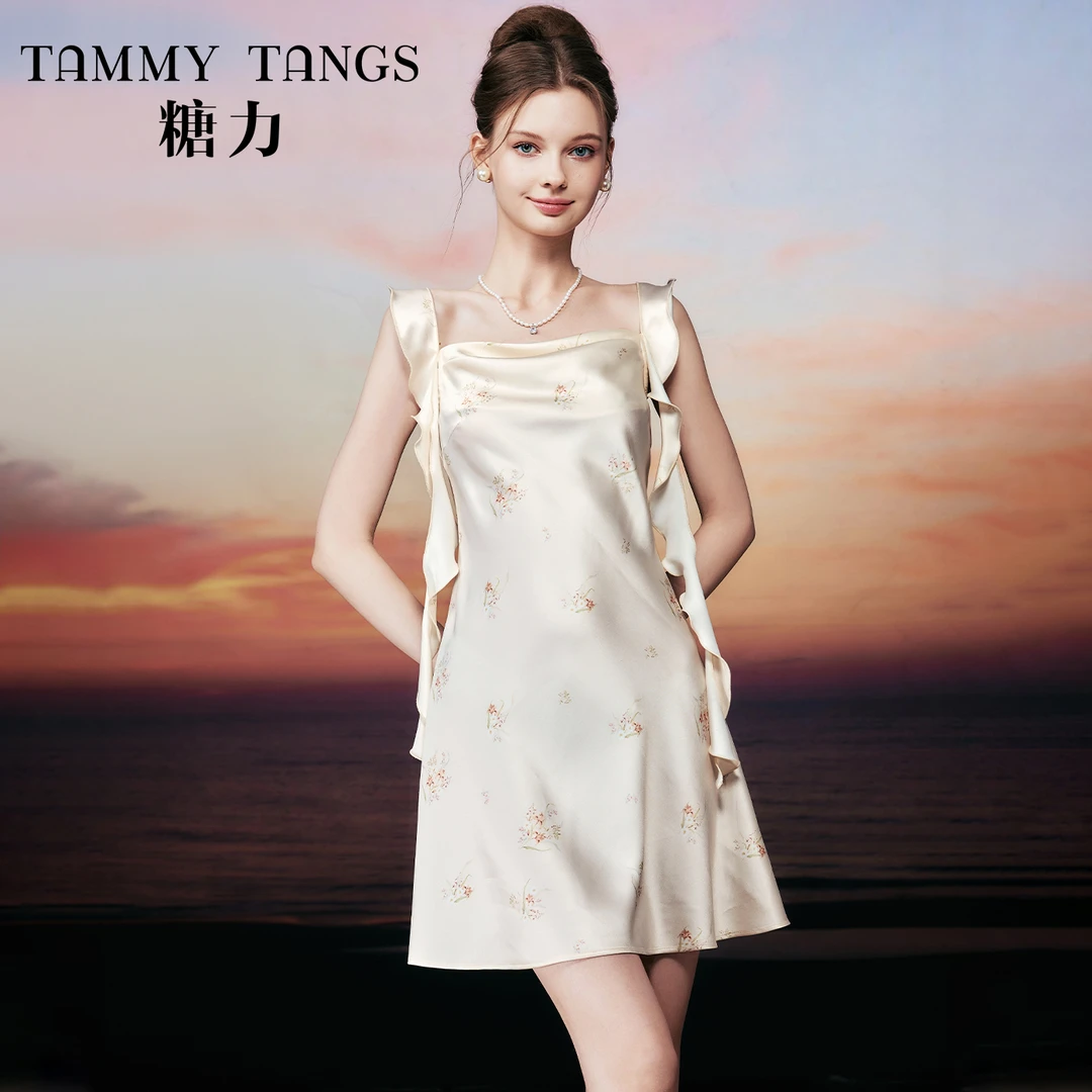 糖力新款哑光缎面印花荷叶边飘带吊带连衣裙女