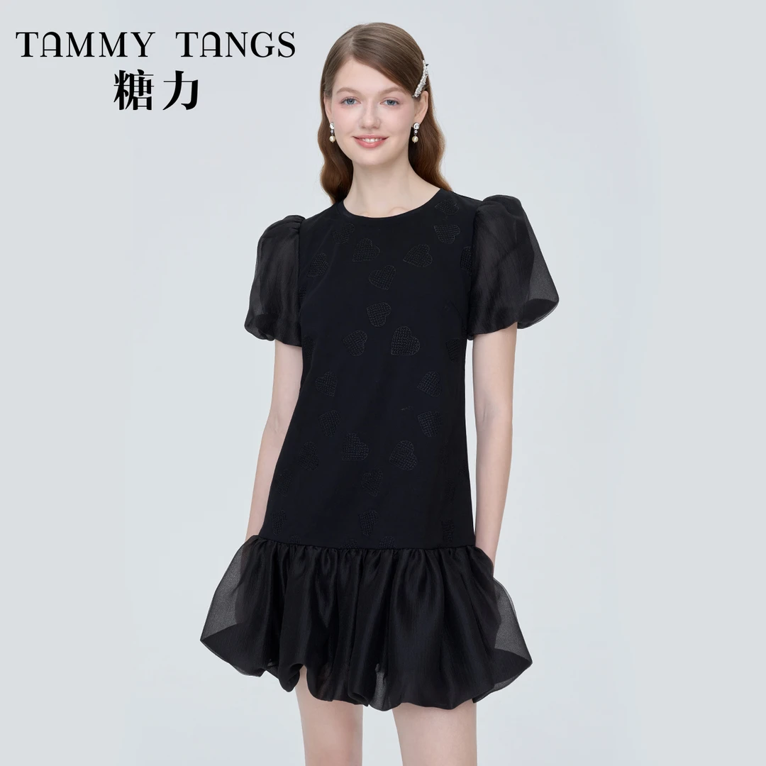 【小铃铛专属】糖力夏季优雅花苞裙黑色短袖爱心刺绣连衣裙宽松