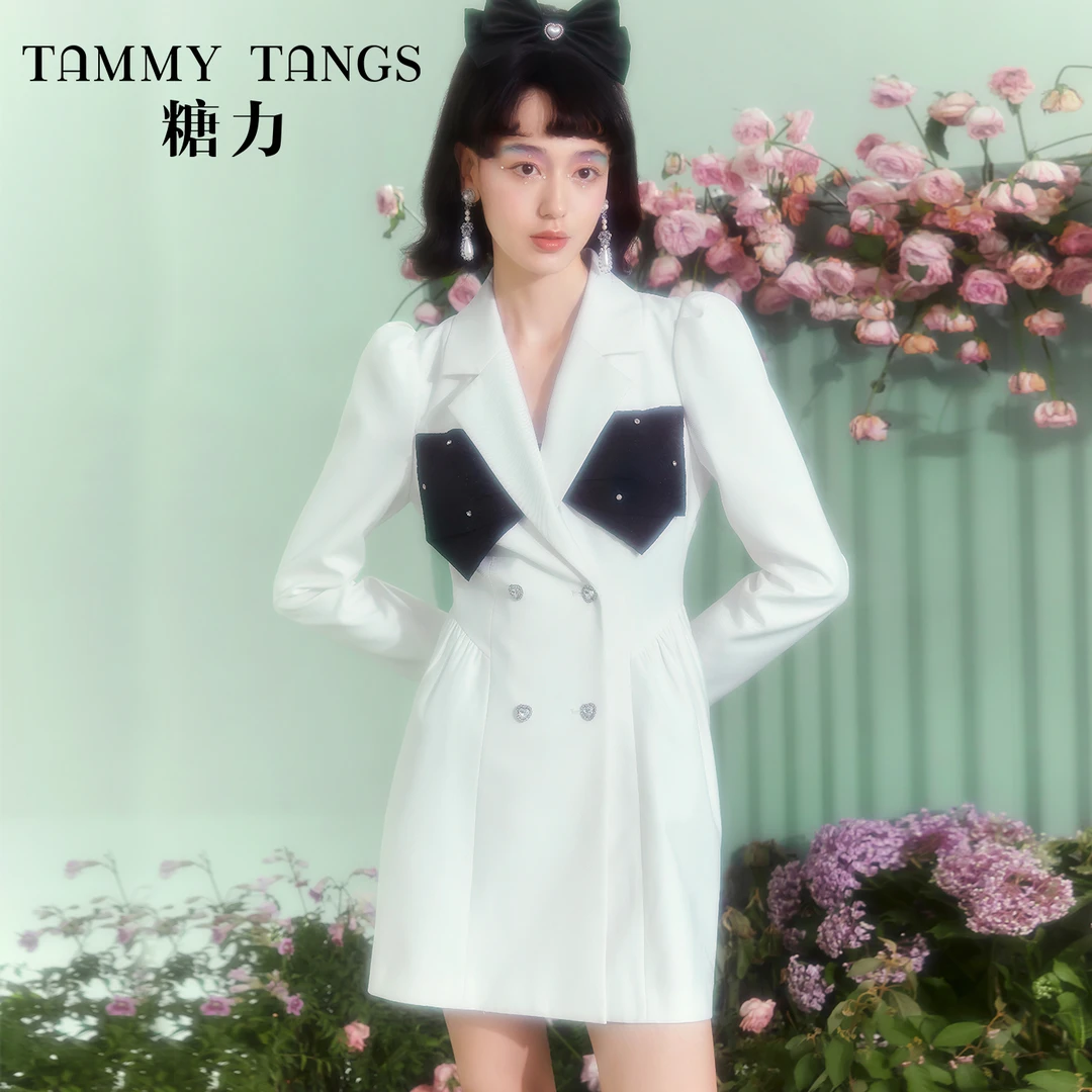 糖力春新款气质长袖钻饰蝴蝶结造型西装连衣裙女