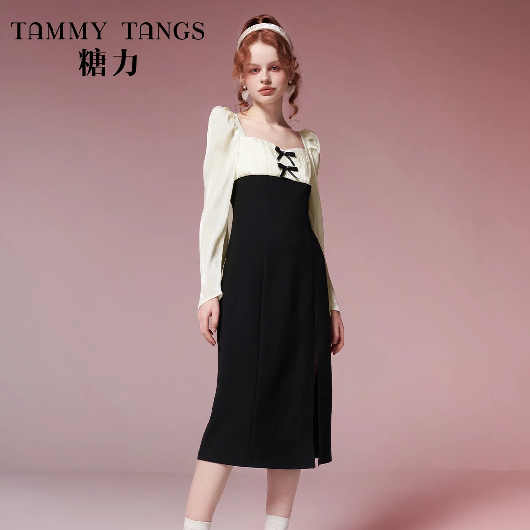 糖力 法式茶歇裙拼色丝光长袖开衩中长款连衣裙秋