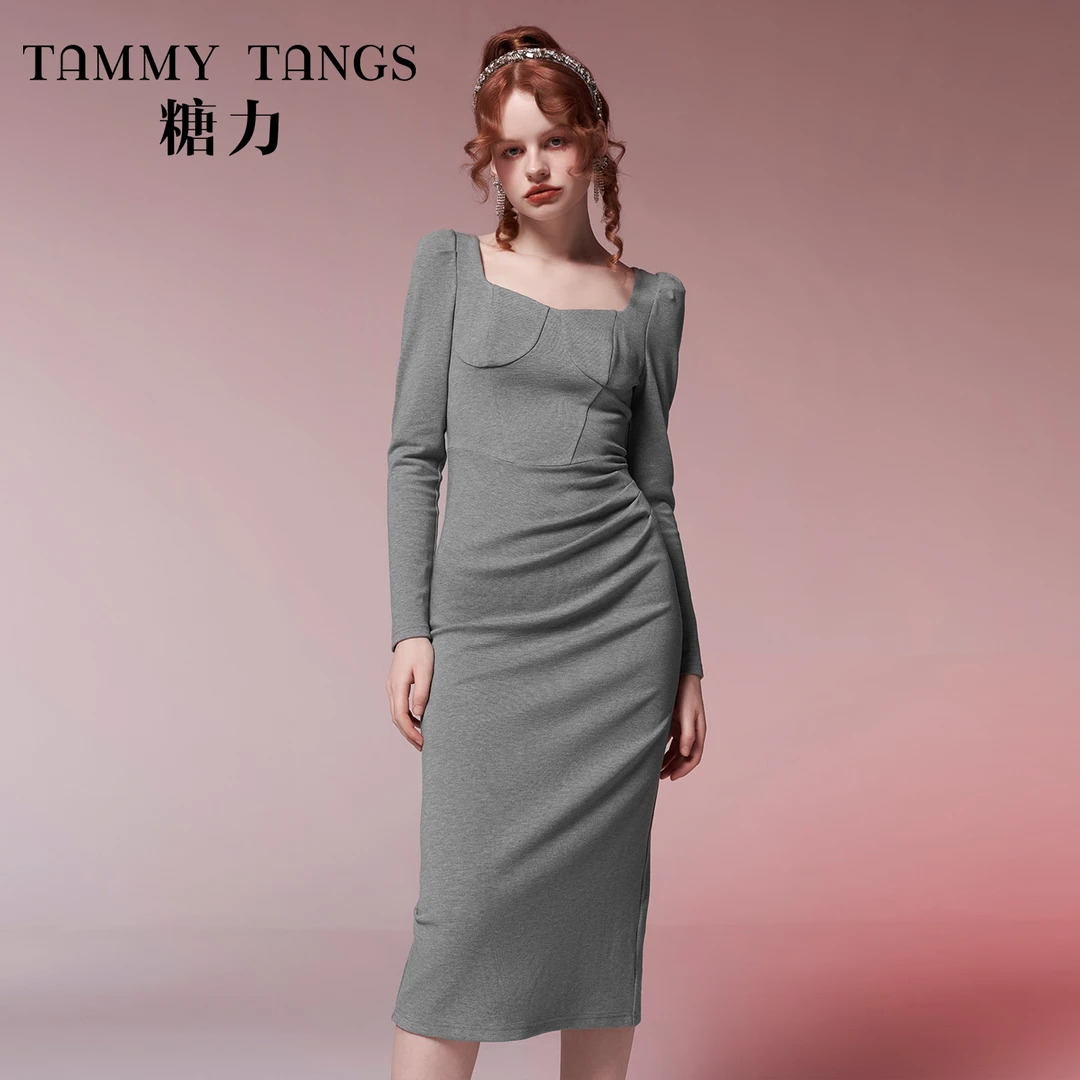 糖力 春秋新款灰色长袖方领显瘦针织连衣裙中长款
