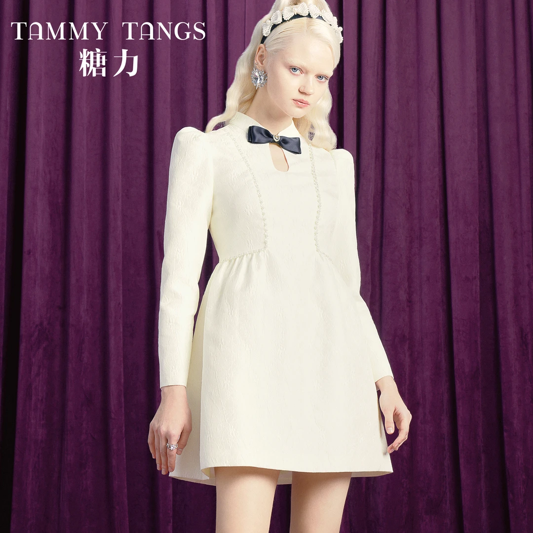 【薇哥单日破价】糖力新中式国风长袖仿珍珠水晶织带提花连衣裙秋