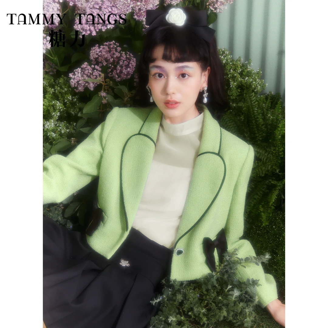 【老板娘夏天】糖力春季新款撞色心形翻领粗花呢小香风短外套女