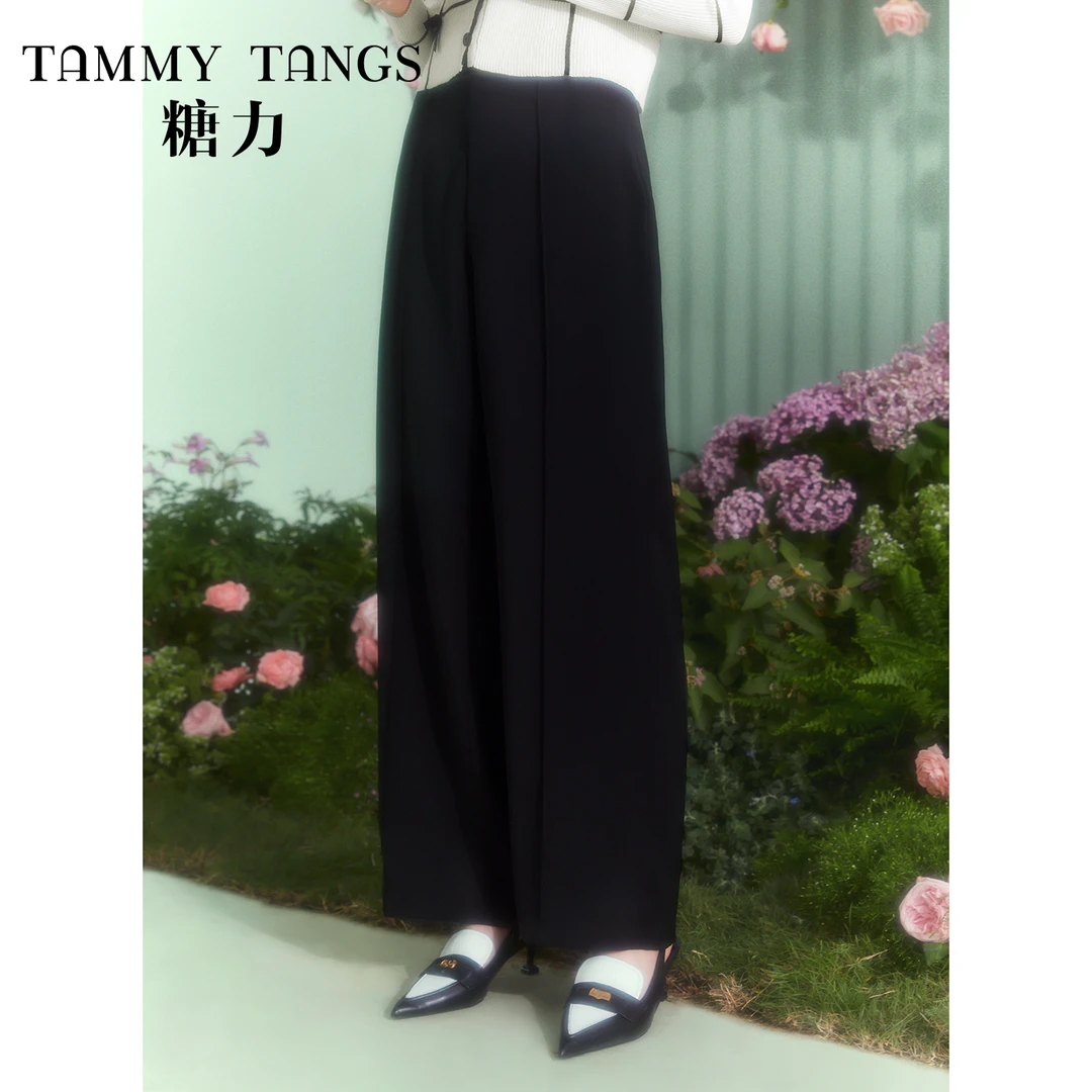 糖力黑色腰头长裤高腰显瘦阔腿西装裤