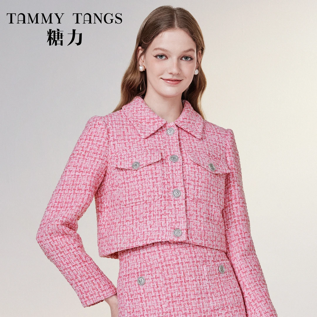 【老板娘夏天】糖力春秋季金属单排扣粉彩编织粗花呢小香风短外套