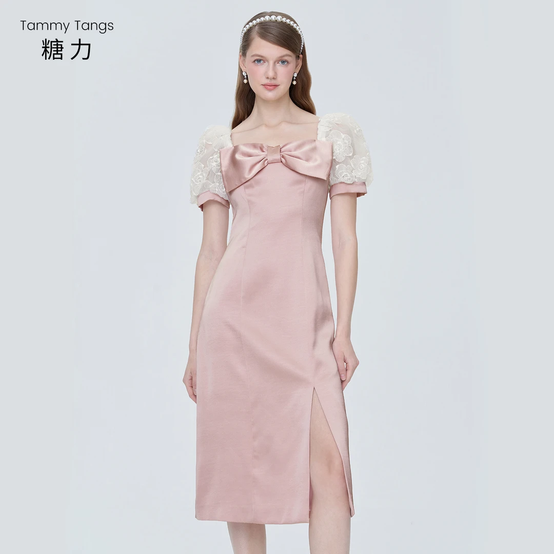 糖力缎面开叉中长款连衣裙夏