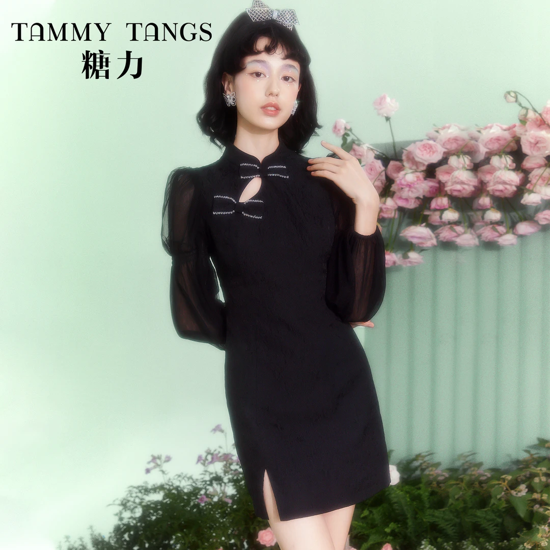 糖力 新中式国风网纱长袖显瘦提花连衣裙