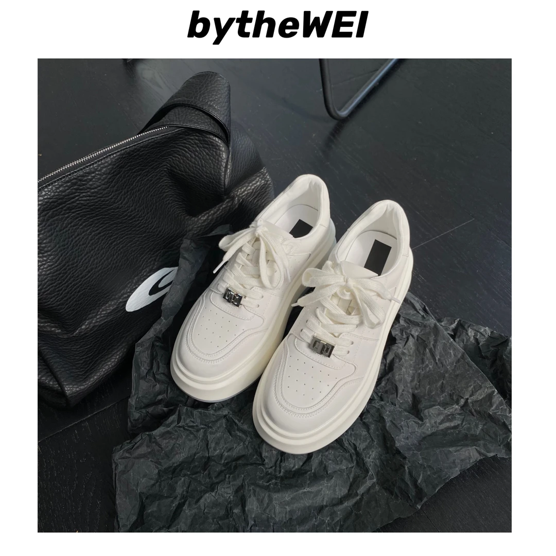 bytheWEI~欧货欧洲站银扣百搭真皮果冻底厚底小白鞋女休闲鞋板鞋