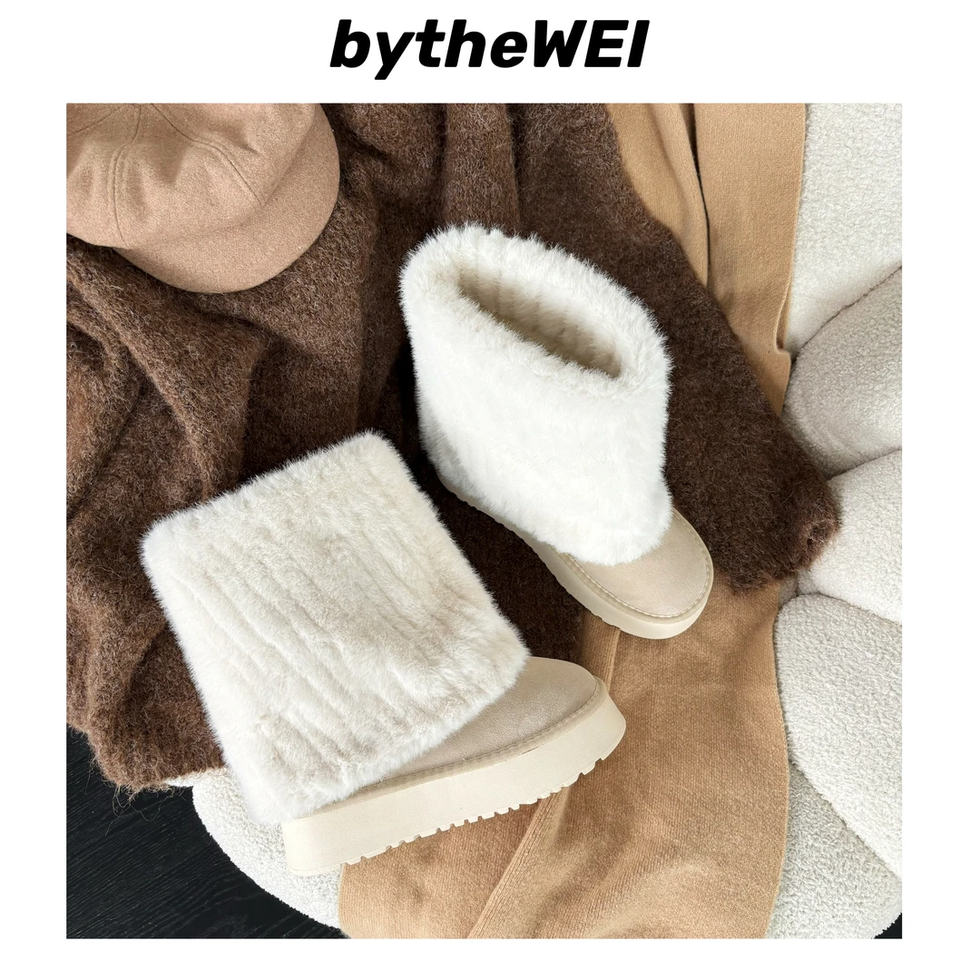 bytheWEI【冰岛雪地靴】网红纯欲风毛毛靴子拼接加绒保暖厚底中筒靴