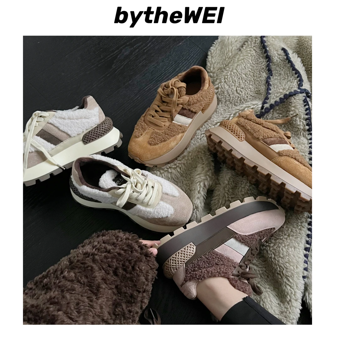 bytheWEI~【胡桃木】美拉德真皮毛毛真皮厚底加绒阿甘鞋女休闲鞋ins