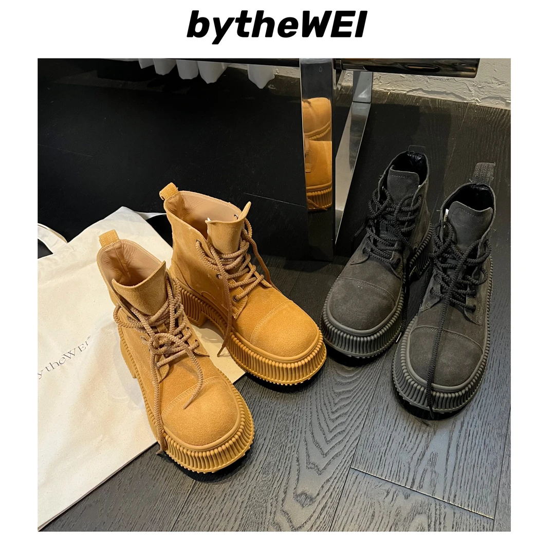 bytheWEI百搭时尚废土风沙漠大黄鞋女厚底马丁靴短靴9551-1