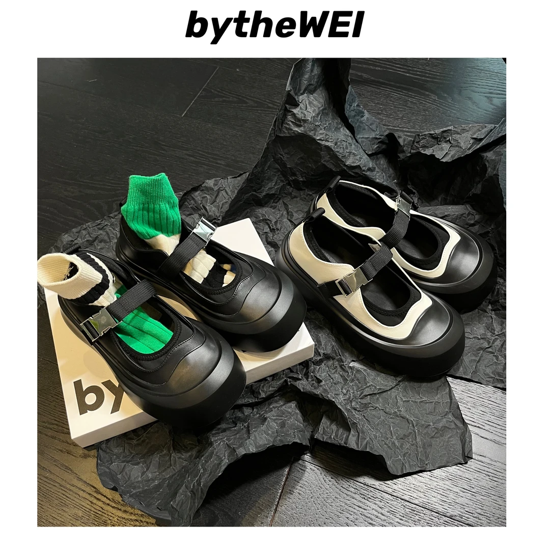 bytheWEI机能风小众设计真皮厚底玛丽珍女搭扣休闲风浅口单鞋8273