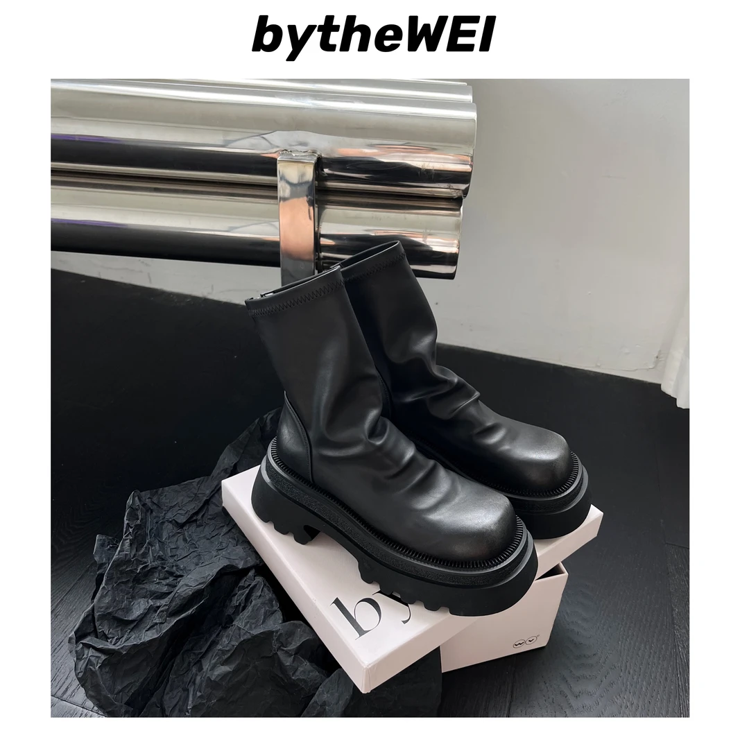 bytheWEI~【鬼家倒靴】短靴版皱皱靴厚底显瘦短靴女堆堆靴弹力靴